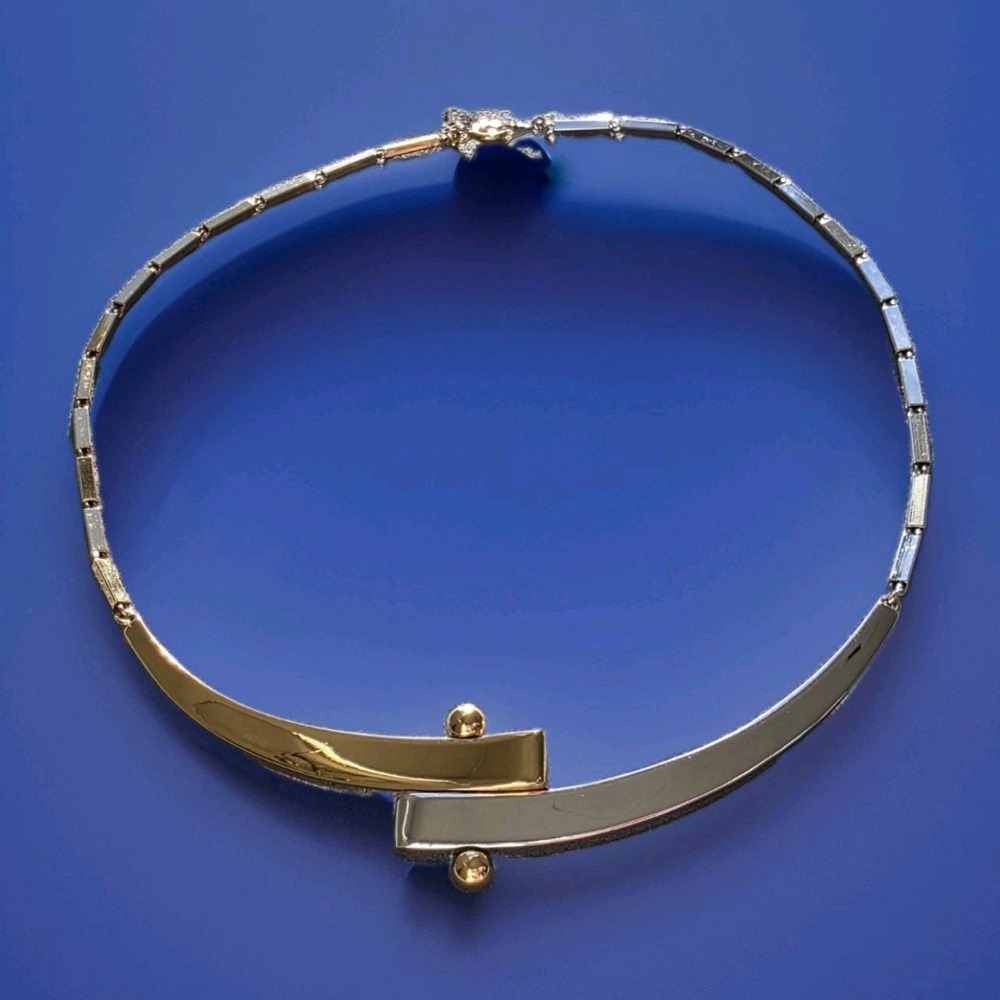 Vintage Crown Trifari Two Tone Gold Silver Tone Modernist Collar Necklace 16.5"
